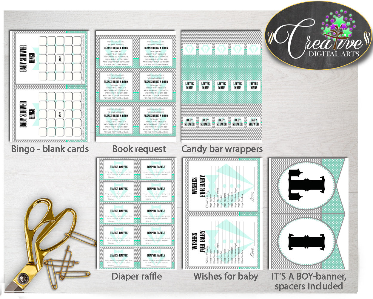 Little Man Baby Shower Boy Decoration package bundle printable mint green and gray chevron, digital files Jpg Pdf - Instant Download - lm001