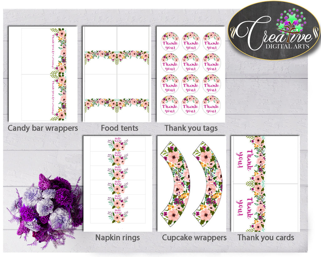 Baby Girl Shower Decoration Flowers package bundle printable with floral pink green purple theme, Jpg Pdf - Instant Download - flp01