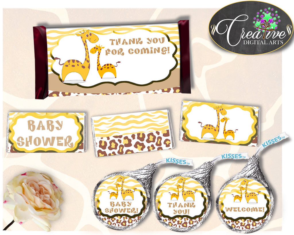 Giraffe Baby shower boy or girl HERSHEY wrappers and labels printable brown yellow theme, digital files, Jpg Pdf, instant download - sa001