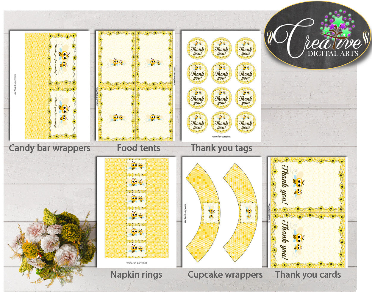 Yellow Baby Shower Decoration package bundle printable with yellow honey bees for boys or girls, Jpg Pdf - Instant Download - bee01