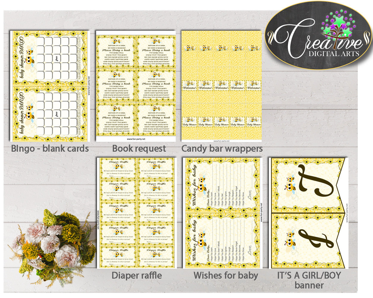 Yellow Baby Shower Decoration package bundle printable with yellow honey bees for boys or girls, Jpg Pdf - Instant Download - bee01