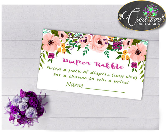 Baby shower Girl Flowers DIAPER RAFFLE insert card printable with floral pink green purple theme, Jpg Pdf, digital instant download - flp01