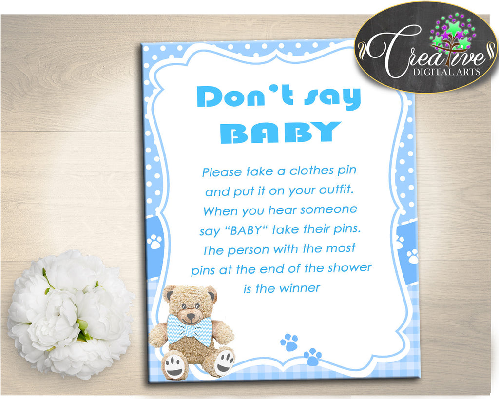 Teddy Bear Baby Shower DON'T SAY BABY game for boy baby shower blue, teddy bear printable, digital files, jpg pdf, instant download - tb001