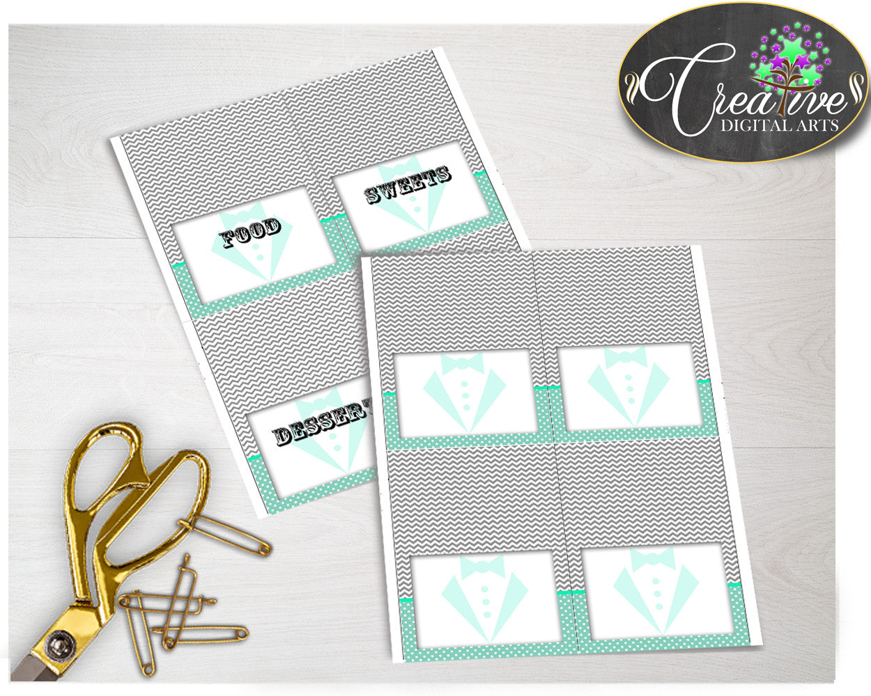 Baby Shower Little Man Place CARDS or FOOD TENTS editable printable gentleman mint green gray theme, digital files, instant download - lm001