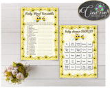 Yellow Baby Shower games package bundle printable with honey bee yellow for boys or girls, 8 games pack - Instant Download - bee01