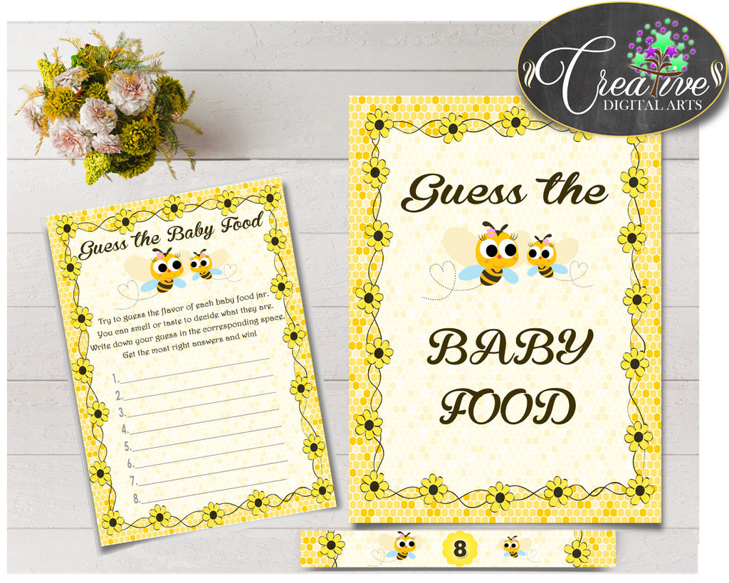 GUESS The BABY FOOD game for baby shower with yellow bee printable, digital, Jpg, Pdf, instant download - bee01