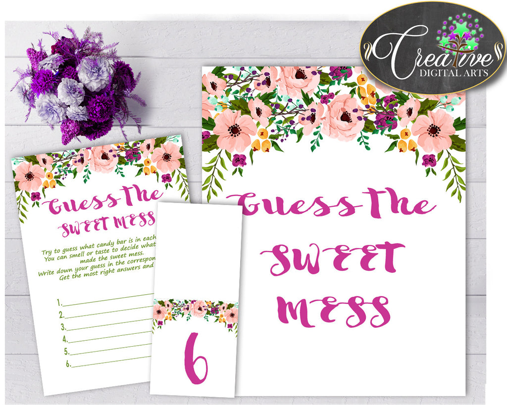 Baby shower girl watercolor flowers GUESS the SWEET MESS game cards tents and sign floral pink theme, Jpg Pdf, instant download - flp01
