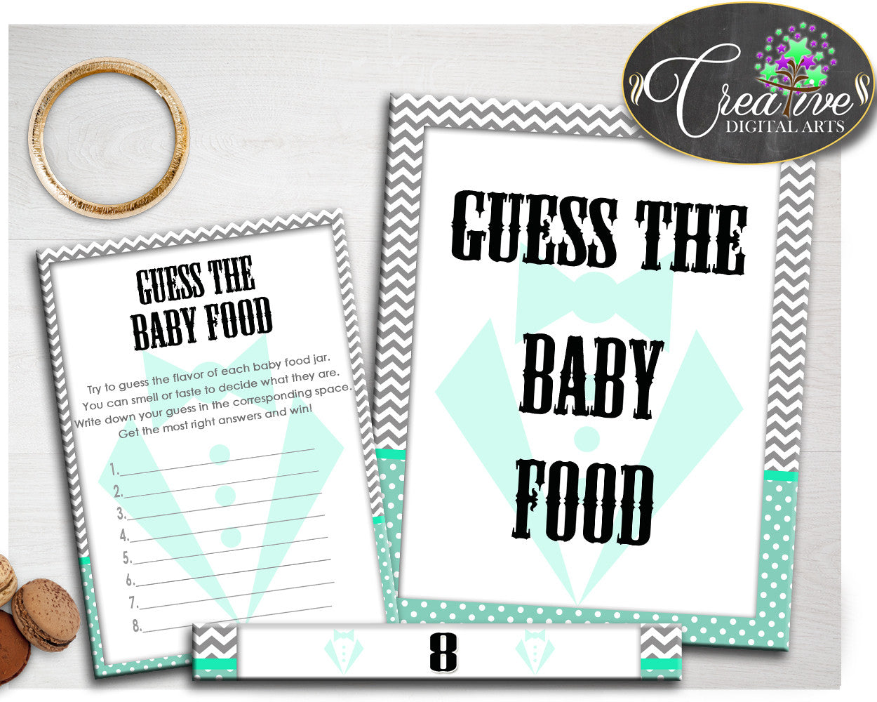 GUESS The BABY FOOD gentleman game for baby boy shower little man in mint green and gray printable, digital files, instant download - lm001