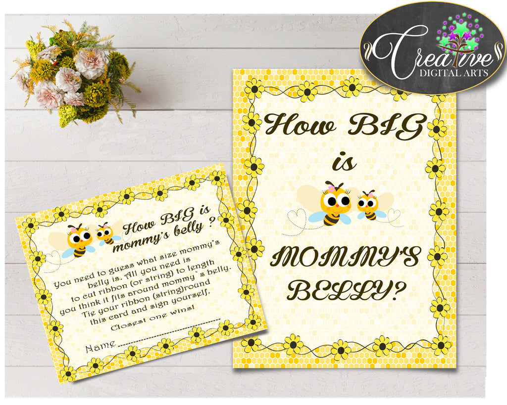 How Big Is MOMMY'S BELLY baby shower game with yellow bee printable, digital files Jpg Pdf, instant download - bee01
