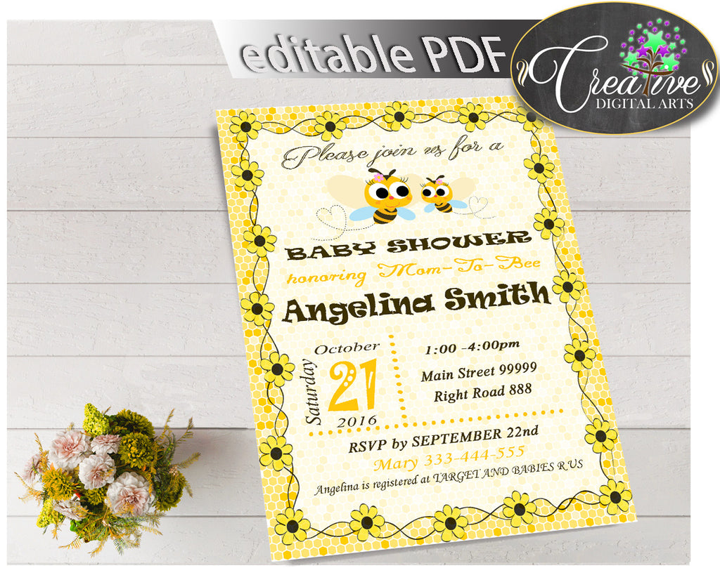 Baby Shower INVITATION editable with yellow bee, instant download - bee01