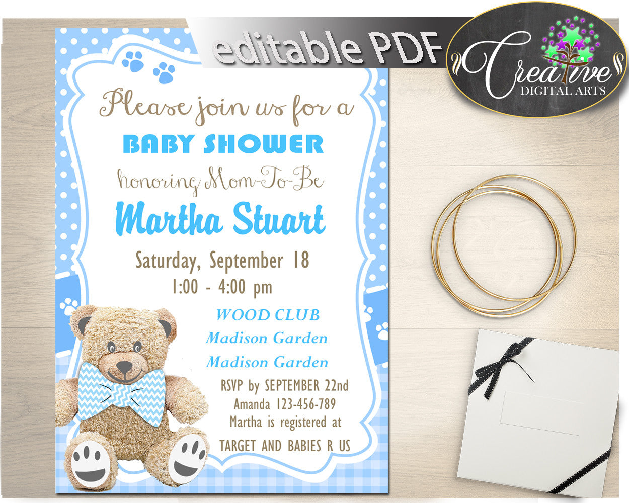 Teddy Bear Baby Shower INVITATION editable, baby shower invitation boy, blue baby shower invitation instant download, editable pdf - tb001