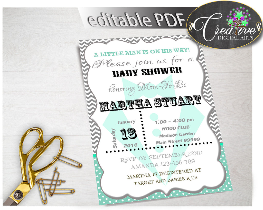 Baby Shower Little Man INVITATION editable boy gentleman printable in mint green gray color theme, digital files, instant download - lm001