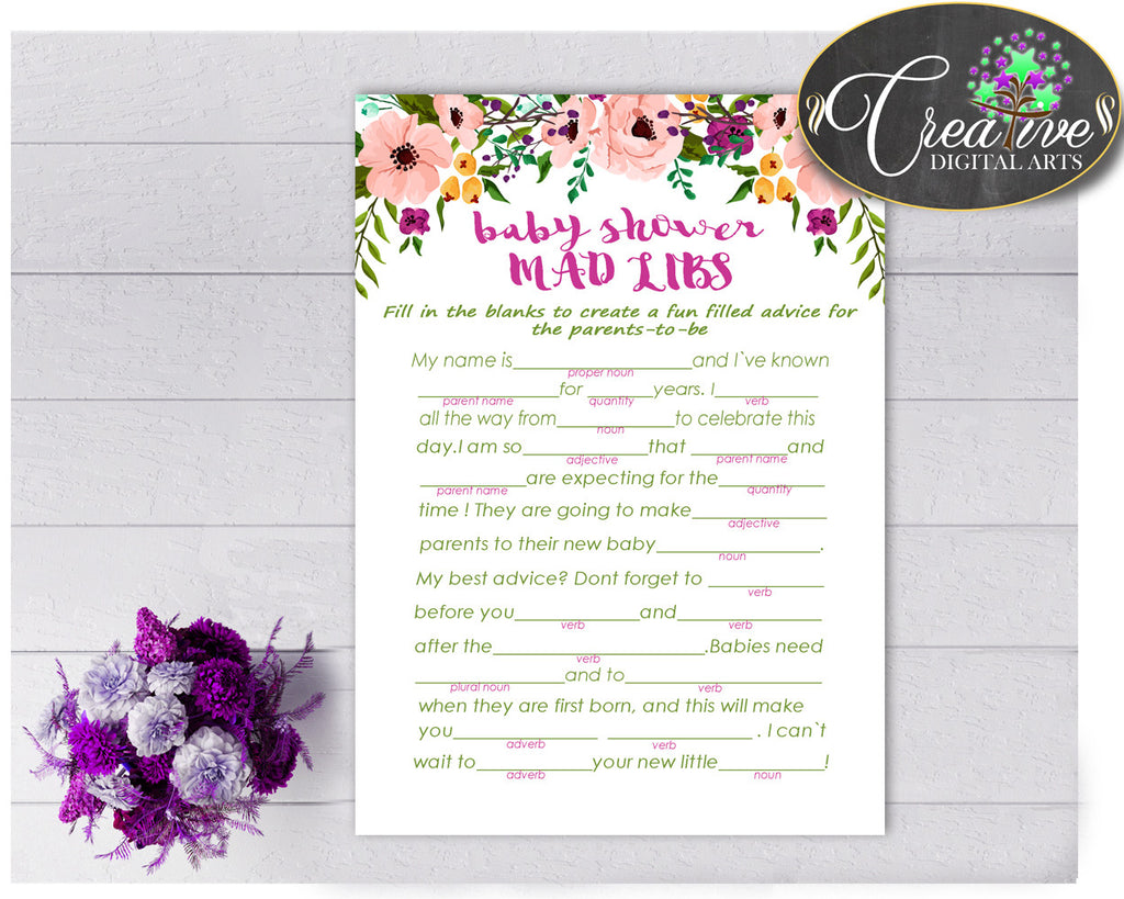 MAD LIBS floral baby shower girl game with watercolor flowers pink green theme printable, digital Jpg Pdf, instant download - flp01