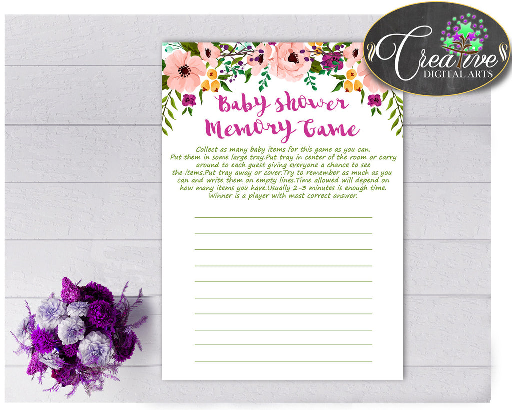 Floral Baby Shower Girl MEMORY game watercolor flowers pink green shower theme printable, digital file Jpg Pdf, instant download - flp01