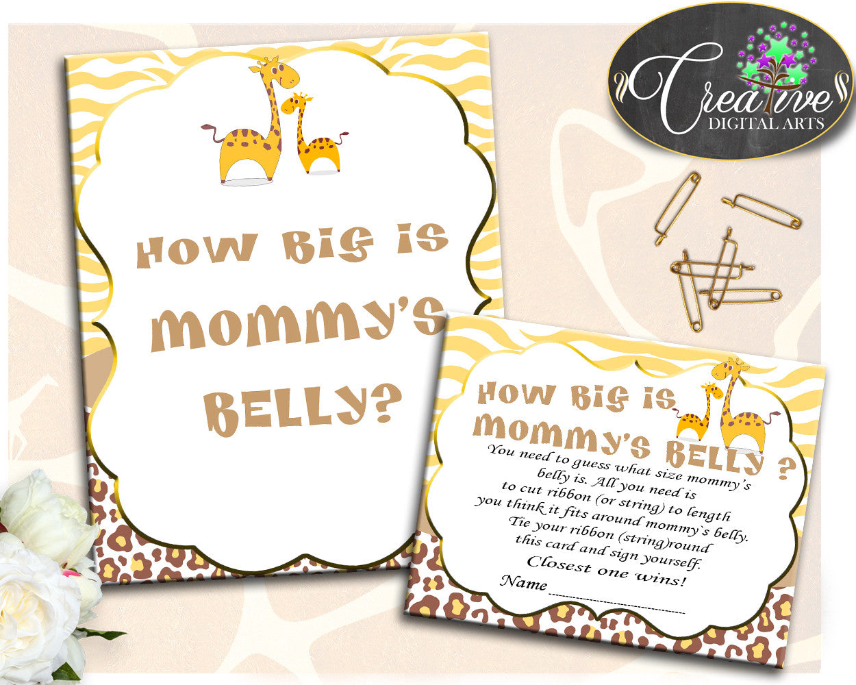 Giraffe Baby Shower How Big Is MOMMY'S BELLY game boy girl printable, brown yellow theme, digital files Jpg Pdf, instant download - sa001