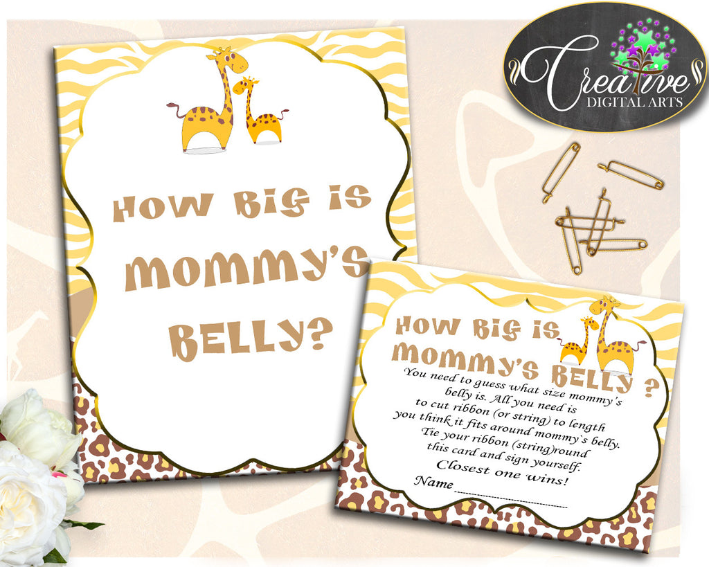 Giraffe Baby Shower How Big Is MOMMY'S BELLY game boy girl printable, brown yellow theme, digital files Jpg Pdf, instant download - sa001