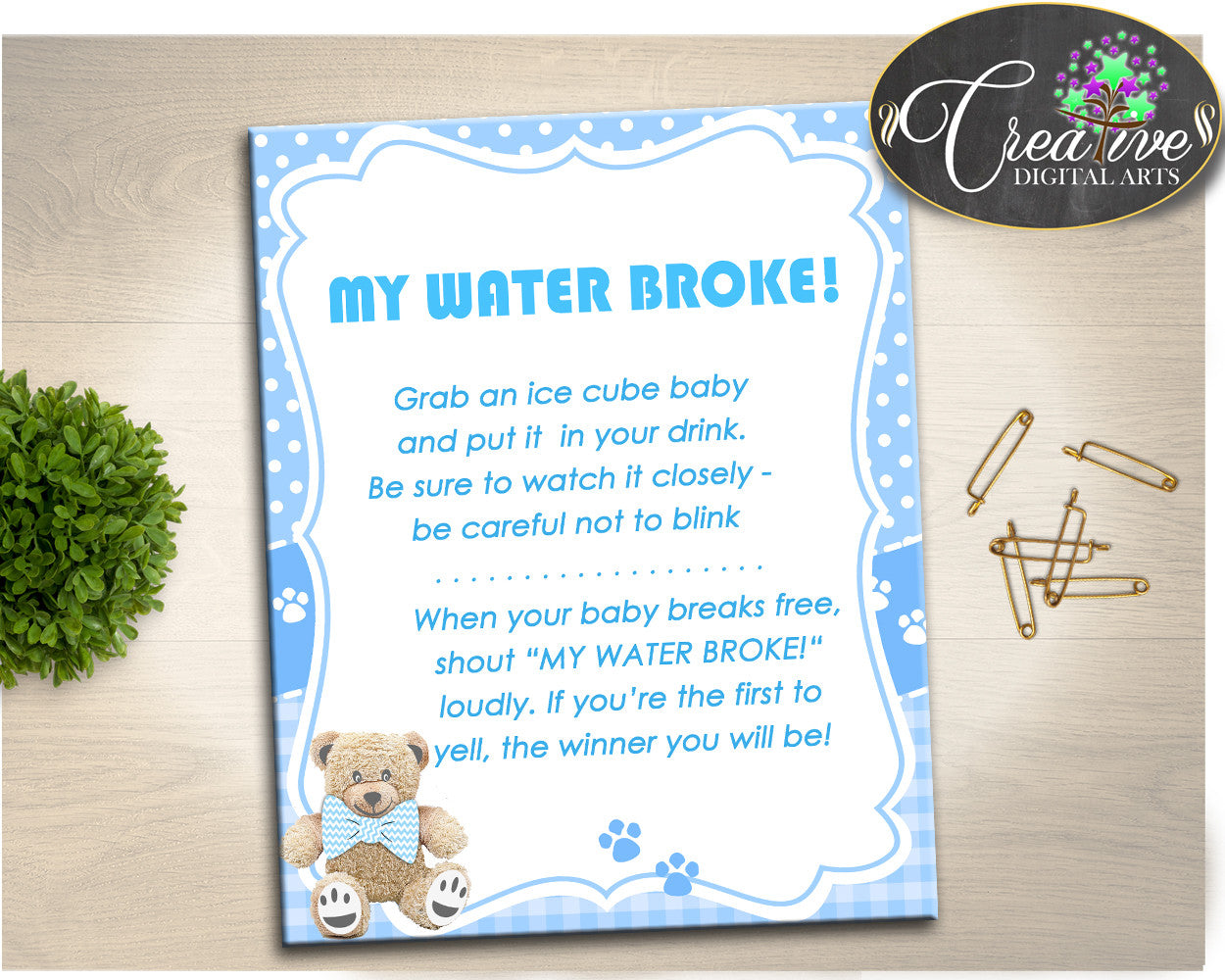 Teddy Bear Baby Shower MY WATER BROKE game blue, boy baby shower game, baby shower game printable, Jpg Pdf, instant download - tb001