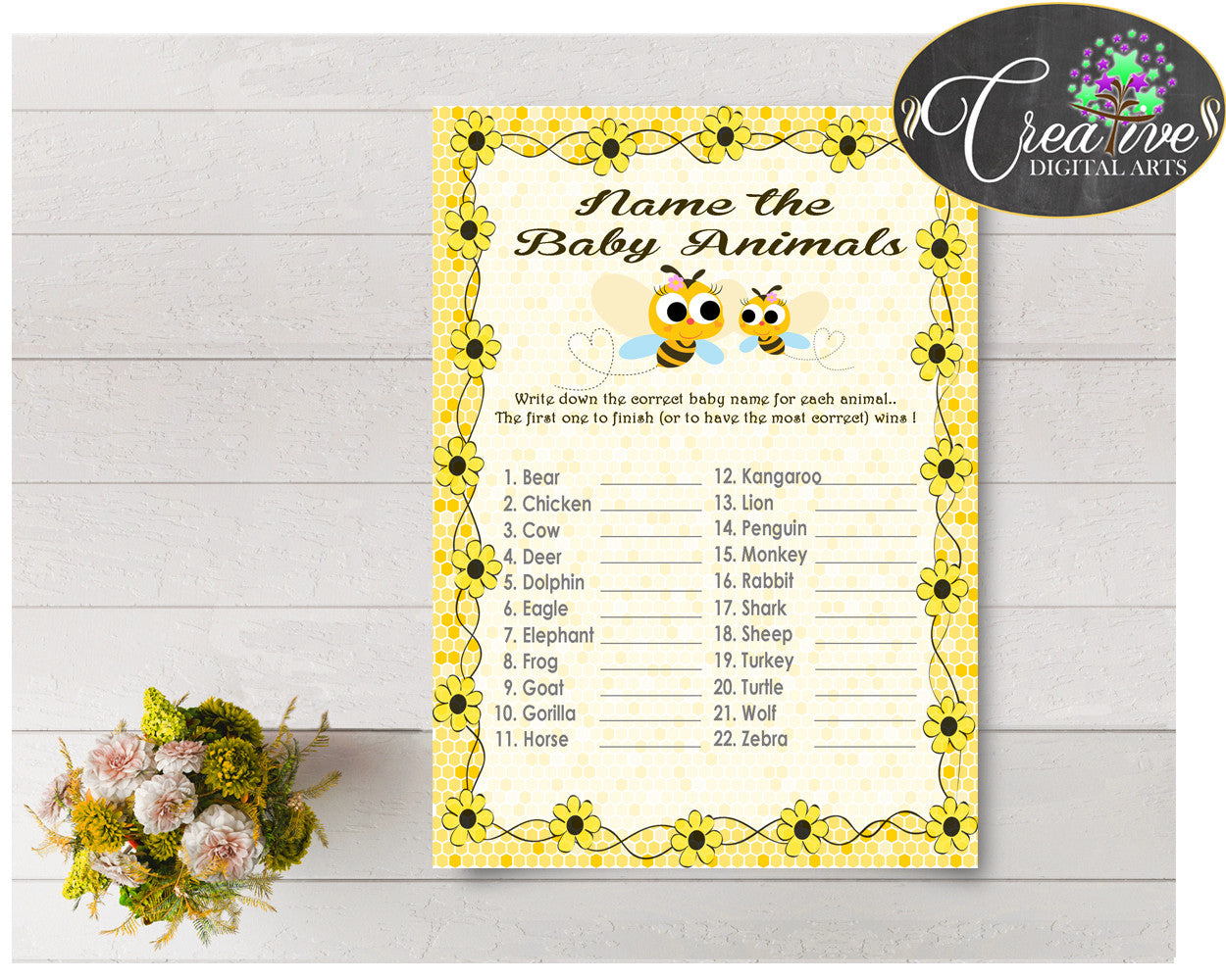 NAME The BABY ANIMALS baby shower game with yellow bees printable honey, digital files Jpg Pdf, instant download - bee01