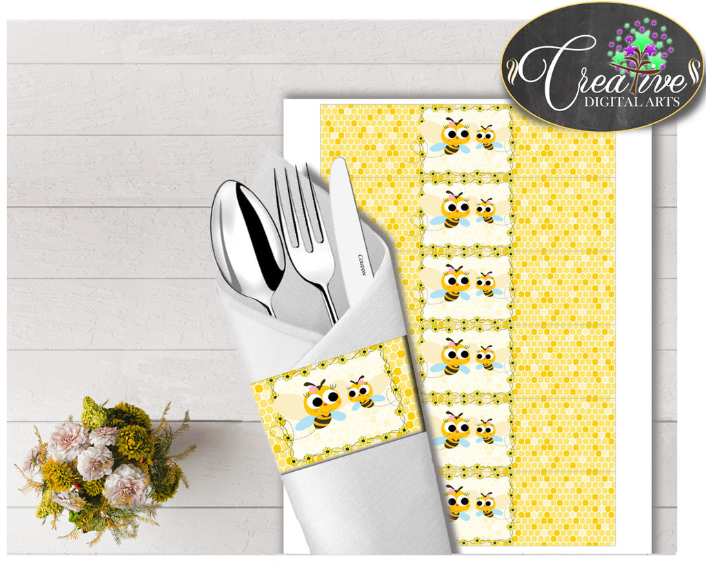 Baby shower NAPKIN RINGS printable with yellow bee, digital file, instant download - bee01