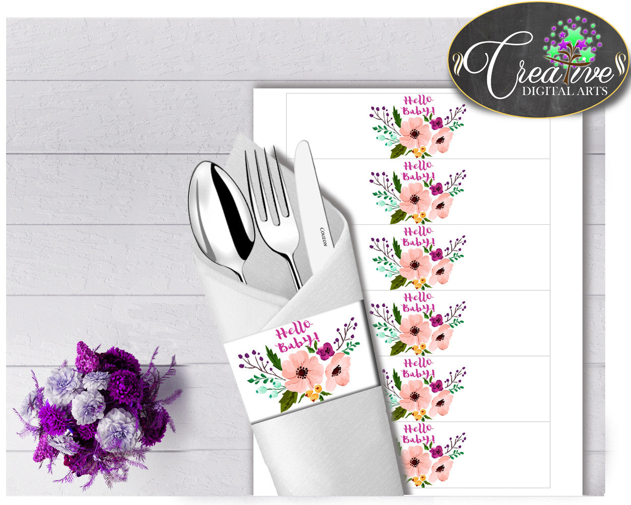 Baby shower girl Floral NAPKIN RINGS printable watercolor flowers pink green purple theme, digital file Jpg Pdf, instant download - flp01