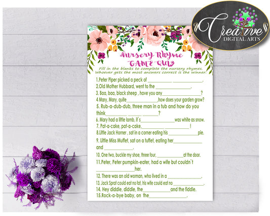 Floral Baby Shower Girl NURSERY RHYME QUIZ game watercolor flowers pink theme printable, digital files Jpg Pdf, instant download - flp01