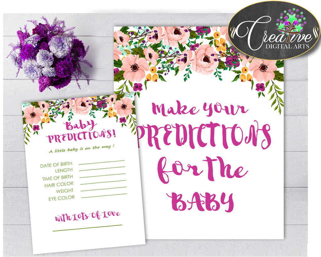 Flowers PREDICTIONS FOR BABY sign and cards activity printable for girl shower floral pink theme, Jpg Pdf, instant download - flp01