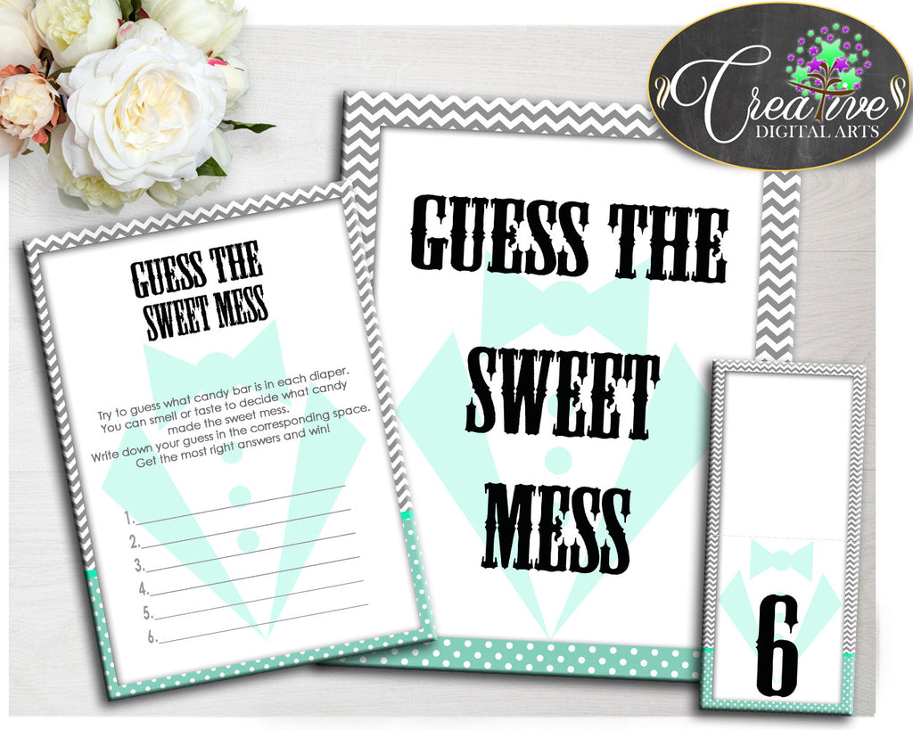 Baby shower little man GUESS the SWEET MESS game gentleman mint green and gray chevron theme printable, jpg pdf, instant download - lm001