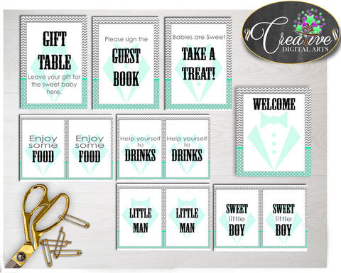 Baby shower little man TABLE SIGNS decoration gentleman printable in mint green gray color theme, digital files, instant download - lm001