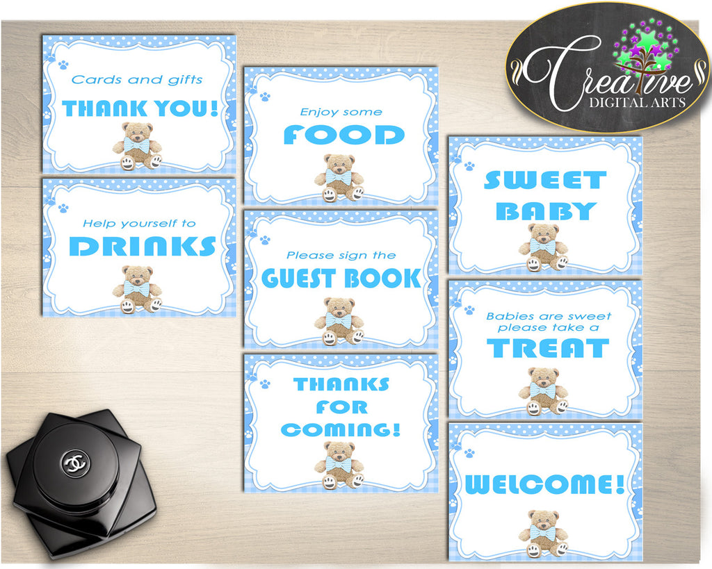 Teddy Bear Baby Shower TABLE SIGNS printable package, boy baby shower blue, printable, digital files, Jpg Pdf, instant download - tb001