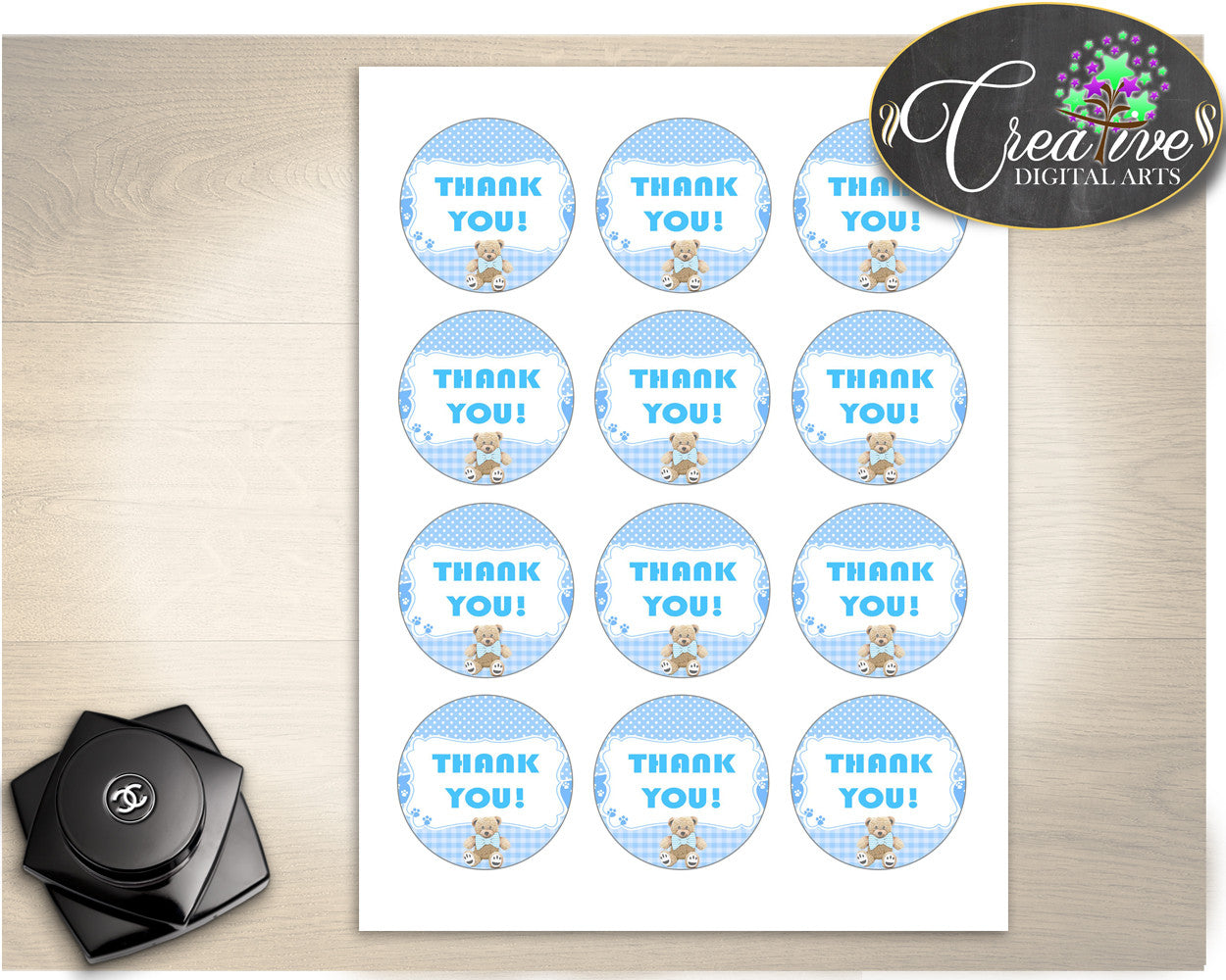 Boy Baby Shower Party Teddy Bear THANK YOU round tag printable, party thank you card blue, digital, Pdf Jpg, instant download - tb001