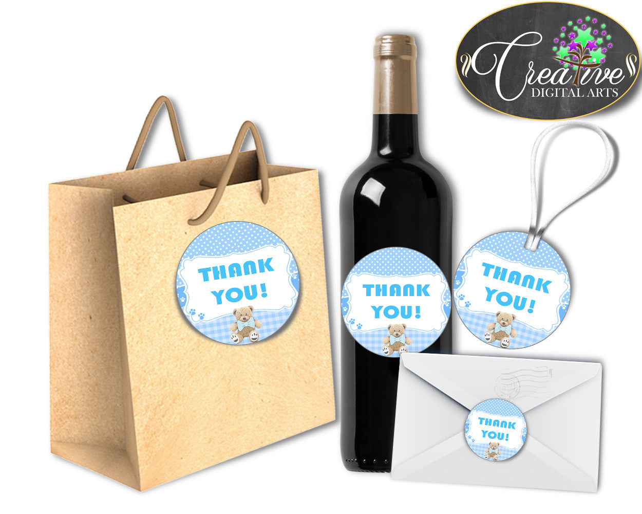 Boy Baby Shower Party Teddy Bear THANK YOU round tag printable, party thank you card blue, digital, Pdf Jpg, instant download - tb001
