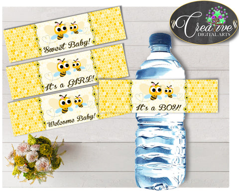 Baby shower WATER BOTTLE LABELS printable with yellow bee, digital files, Pdf, Jpg, instant download - bee01