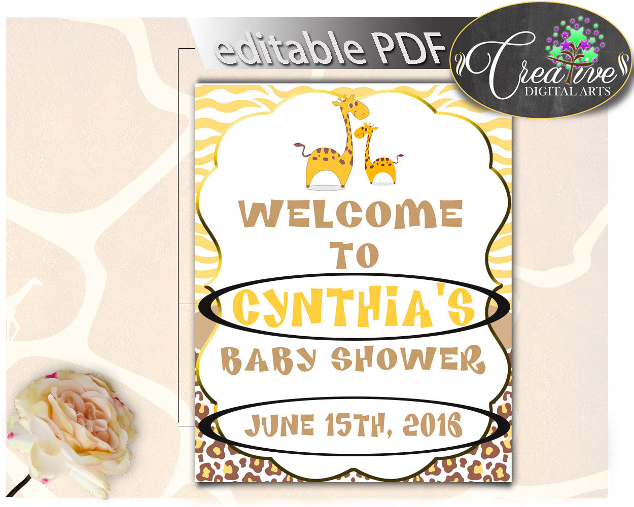 Giraffe Baby Shower WELCOME sign editable, boy or girl baby shower in brown yellow theme printable, digital files, instant download - sa001