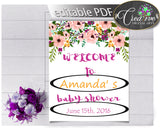 Floral Baby Girl Shower WELCOME sign editable watercolor flowers pink green purple theme printable, digital files, instant download - flp01