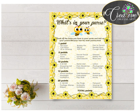 WHAT'S In YOUR PURSE baby shower game with yellow bee printable, digital Jpg Pdf, instant download - bee01