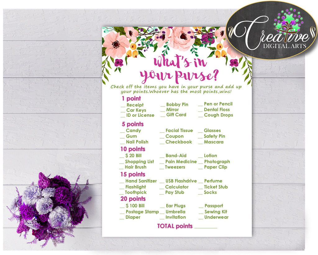 WHAT'S In YOUR PURSE floral baby girl shower game watercolor flowers pink green theme printable, digital Jpg Pdf, instant download - flp01