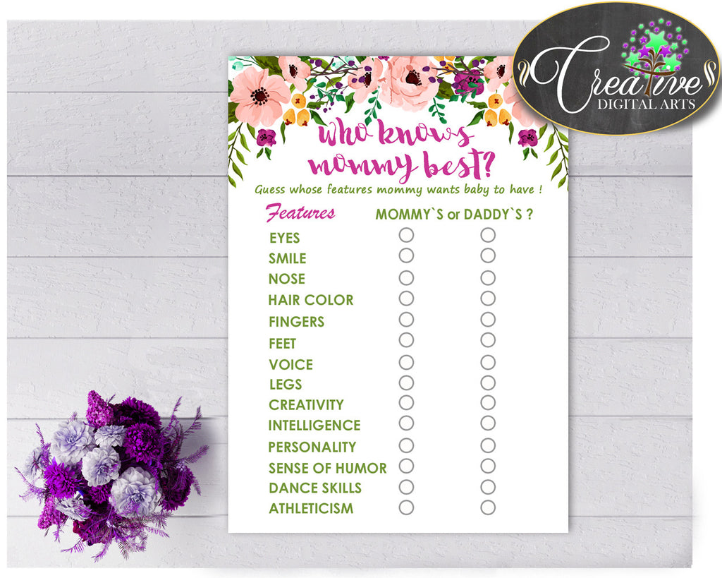 Who KNOWS MOMMY BEST watercolor flowers baby shower game with floral pink theme printable, digital files Jpg Pdf, instant download - flp01
