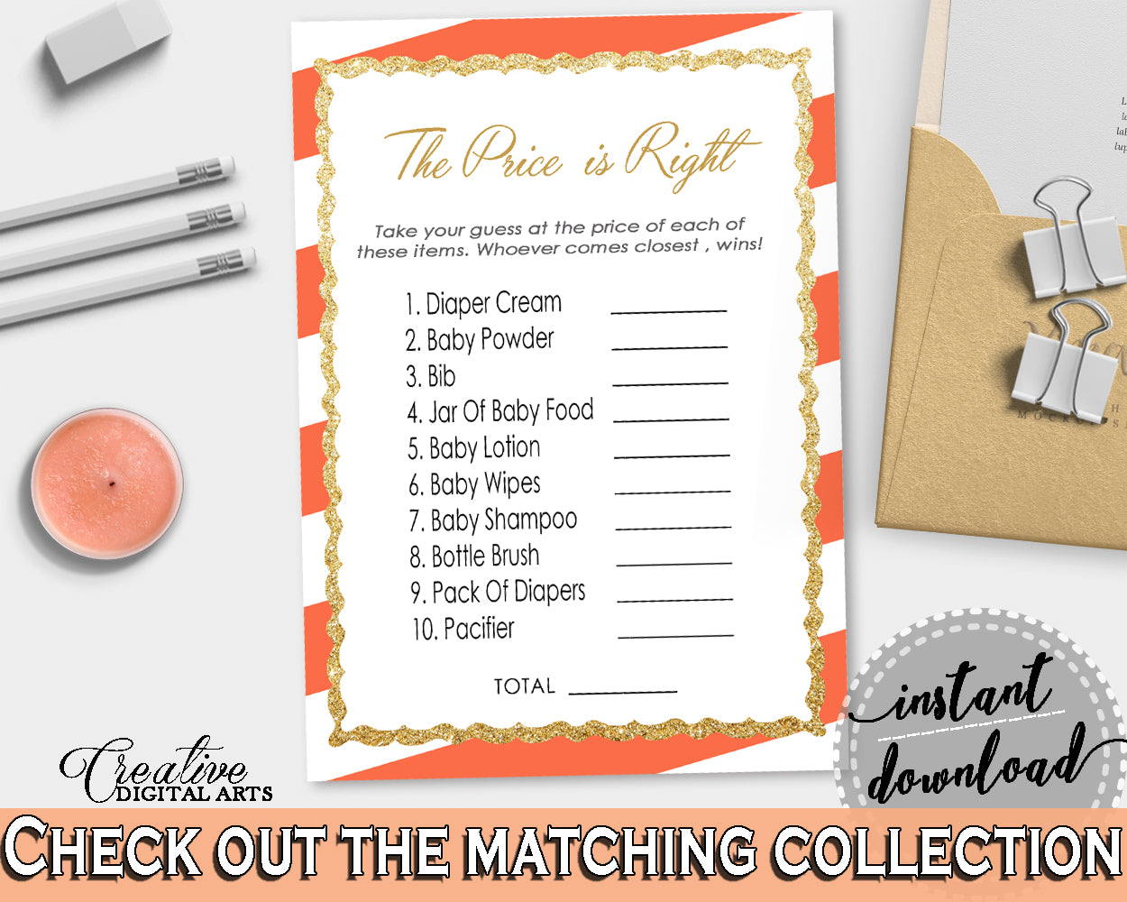 Baby Shower The PRICE IS RIGHT game with orange white striped theme printable, digital files Jpg Pdf, instant download - bs003