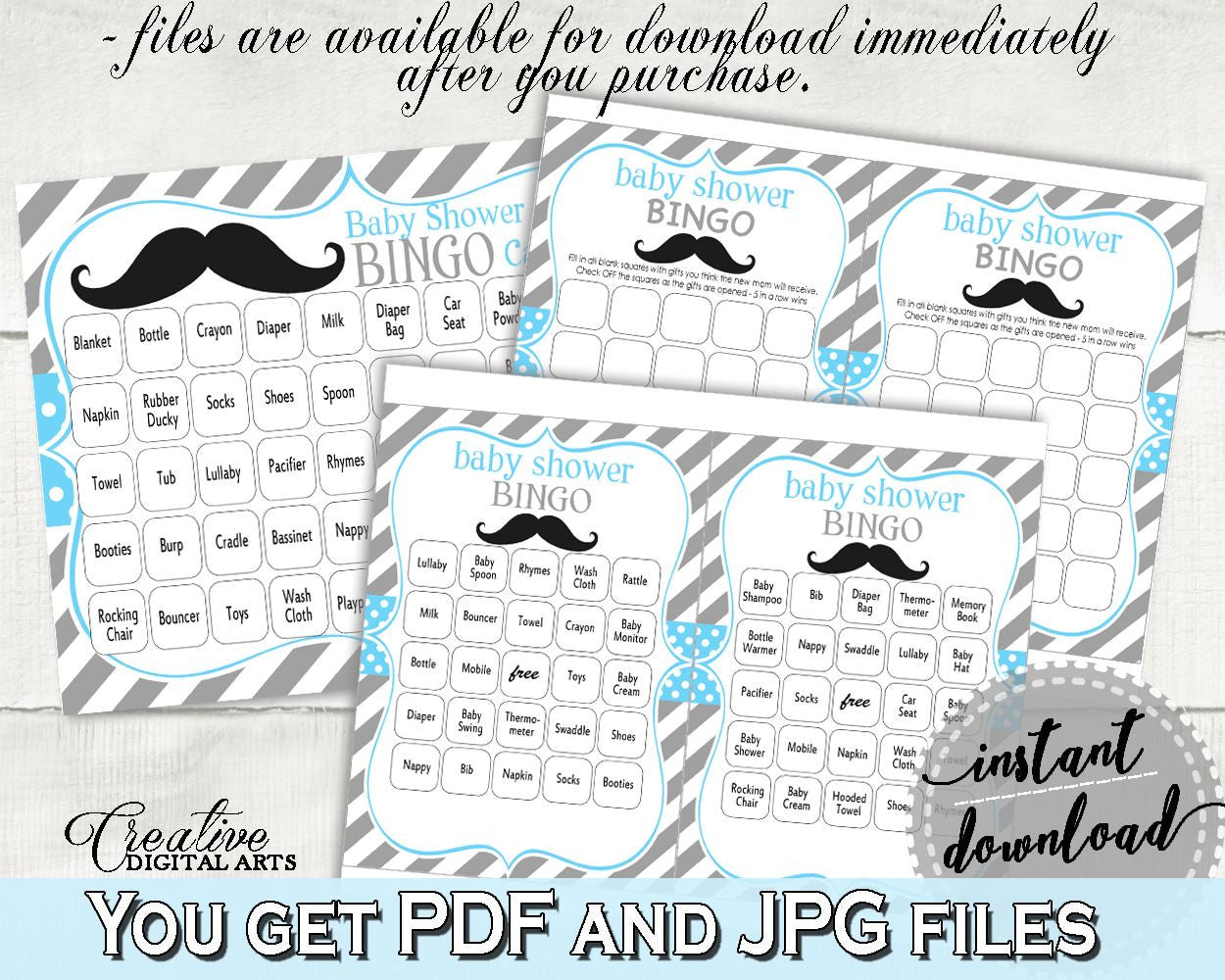 Bingo 60 Cards, Baby Shower Bingo 60 Cards, Mustache Baby Shower Bingo 60 Cards, Baby Shower Mustache Bingo 60 Cards Blue Gray paper 9P2QW - Digital Product