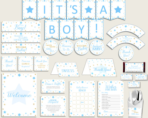 Blue Gold Baby Shower Decorations Boy Kit, Stars Baby Shower Party Package Printable, Instant Download, Most Popular Little Star bsr01