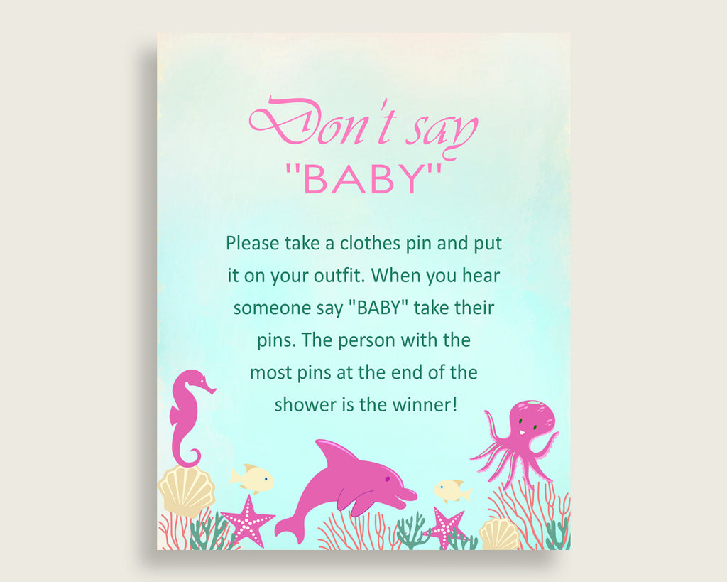 Pink Green Don't Say Baby Printable Game, Girl Baby Shower Under The Sea Game Sign, Instant Download, 8x10, Popular Ocean Octopus uts01