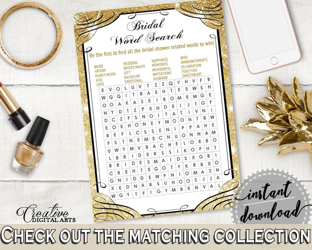 Word Search in Glittering Gold Bridal Shower Gold And Yellow Theme, rows of squares, blazing shower, party décor, party supplies - JTD7P - Digital Product