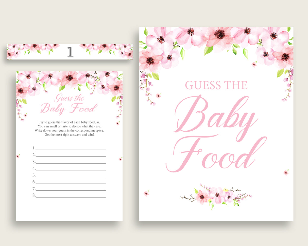 Pink Green Flower Blush Guess The Baby Food Game Printable, Girl Baby Shower Food Guessing Game Activity, Instant Download, Watercolor VH1KL