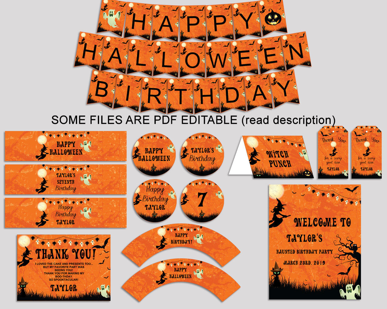 Halloween Birthday Party Package, Halloween Decorations Set Editable Orange Black, Birthday Kit Printable for Boy Girl, GPF0F