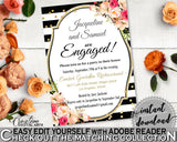 Engaged Invitation Editable in Flower Bouquet Black Stripes Bridal Shower Black And Gold Theme, engagement dinner, shower activity - QMK20 - Digital Product