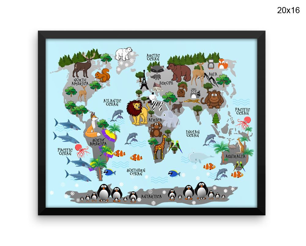 Animals World Map Print, Beautiful Wall Art with Frame and Canvas options available Nursery Decor