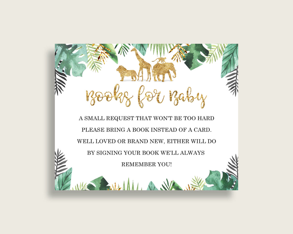 Jungle Baby Shower Bring A Book Insert Printable, Gender Neutral Gold Green Book Request, Jungle Books For Baby, Book Instead Of Card, EJRED