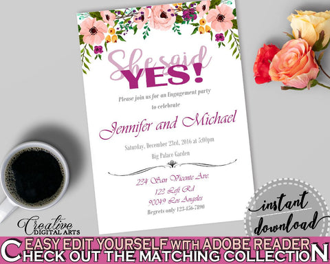 White And Pink Watercolor Flowers Bridal Shower Theme: She Said Yes Invitation Editable - bridal invite, party theme, party decor - 9GOY4 - Digital Product