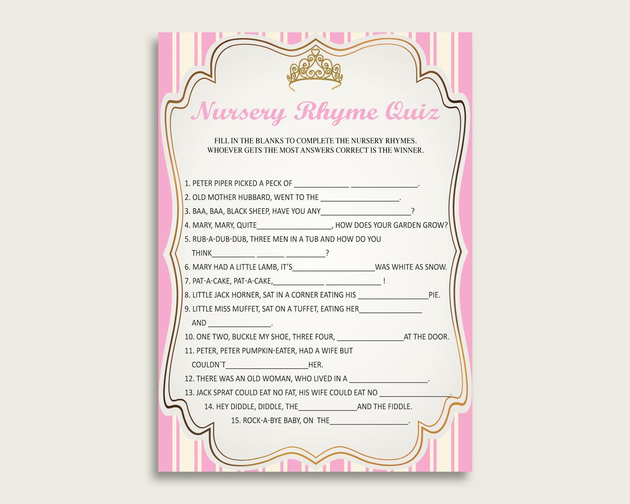 Royal Princess Nursery Rhyme Quiz Printable, Pink Gold Nursery Rhyme Game, Pink Gold Baby Shower Girl Activities, Instant Download, rp002