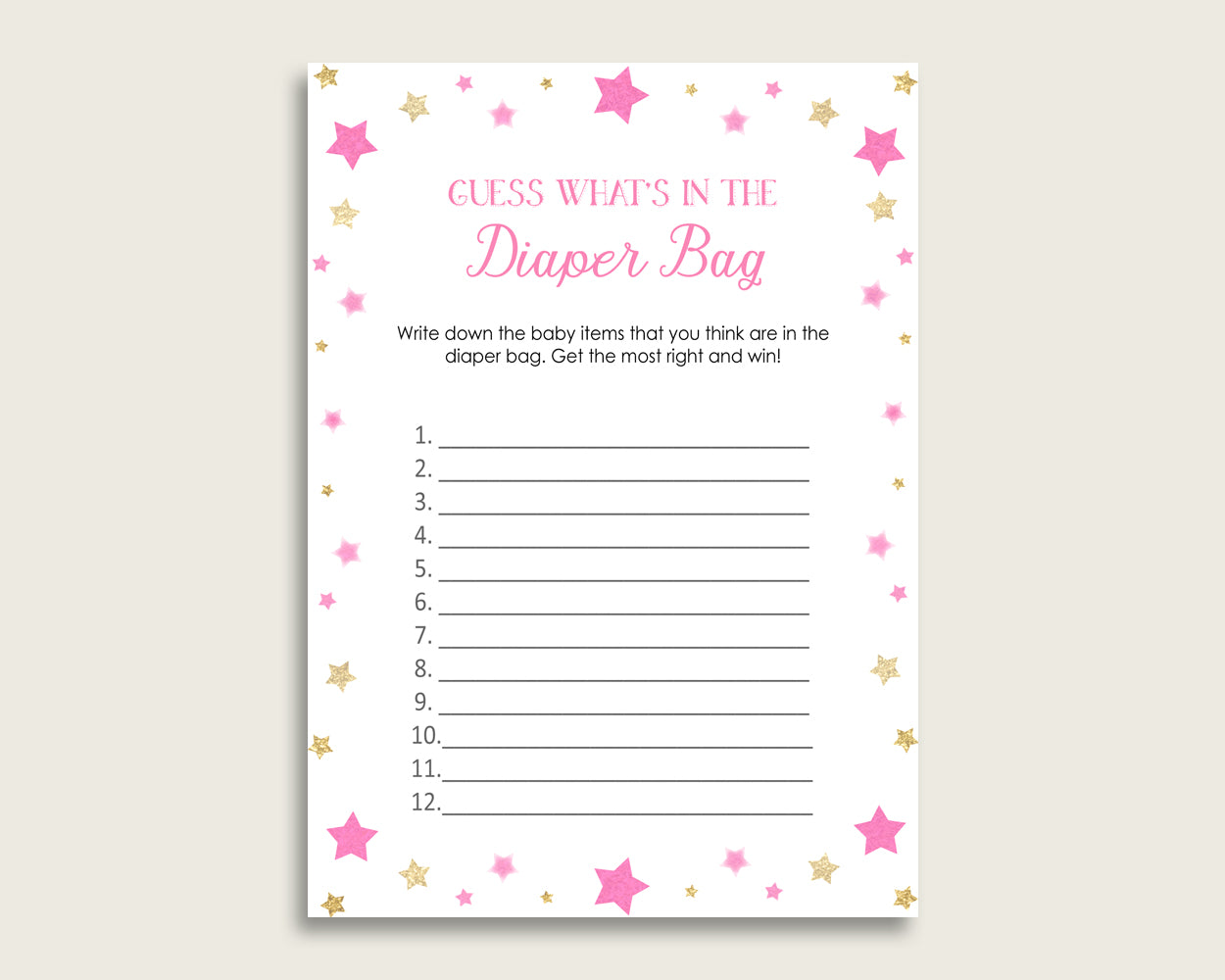 Twinkle Star Guess What's In The Diaper Bag Game, Girl Baby Shower Pink Gold Diaper Game Printable, Instant Download, Most Popular, bsg01